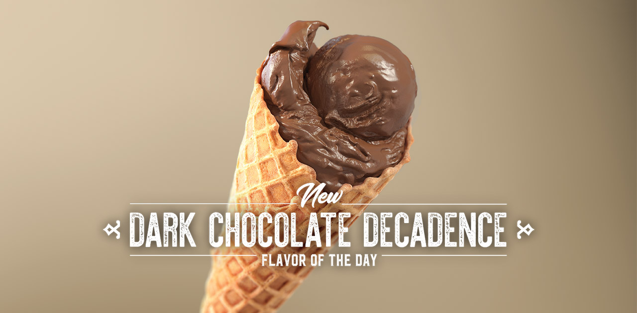 The New Dark Chocolate Decadence Flavor of the Day in a cone with a brown background.