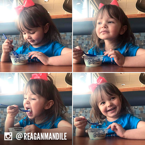 Collage of a young girl striking various poses with a dish of Vanilla Fresh Frozen Custard.
